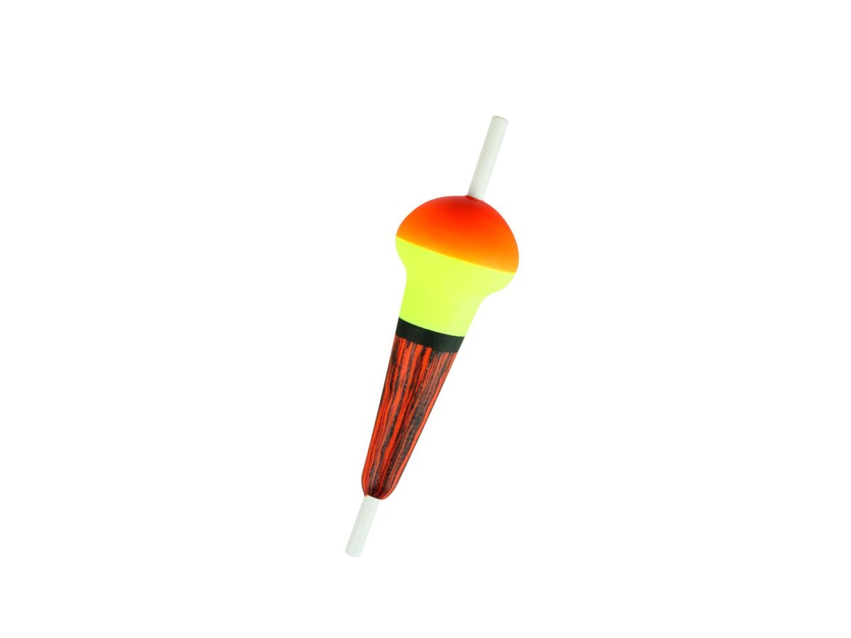 Flotteur truite toulousain fendu aux couleurs vives (jaune, rouge), pour une visibilité optimale en pêche à la dérive.